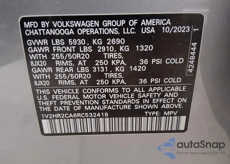 2024 Volkswagen Atlas 2.0T Se W/Technology из США, поврежденный, VIN 1V2HR2CA6RC532419